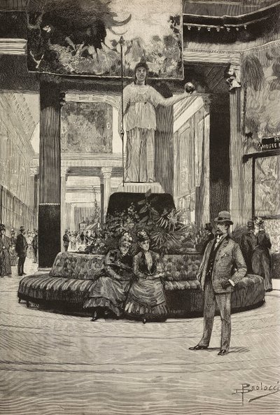 Exposición de tejidos y encajes, Galería Rotonda y Tejidos, Roma, Italia, grabado a partir de un dibujo de Dante Paolocci, de L