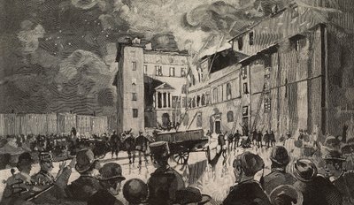 Incendio de las escuelas israelíes de 1893, Roma, Italia, grabado según dibujo de Dante Paolocci, de L