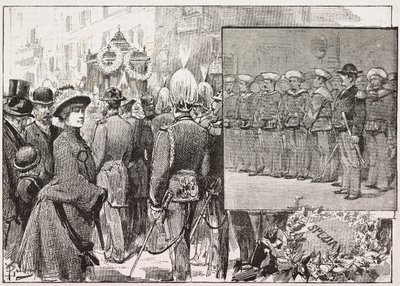 Funeral del almirante Luigi Buglione di Monale (1821-1884), Roma, Italia, grabado a partir de un dibujo de Dante Paolocci, de L
