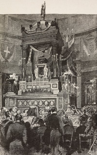 Políticos y oficiales italianos asisten a la ceremonia fúnebre de Víctor Manuel II (1820-1878), rey de Italia, Roma, Italia, grabado a partir de un dibujo de Dante Paolocci, de L