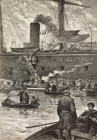 Soldados italianos a bordo del acorazado Principe Amedeo, expedición italiana en el Mar Rojo, Nápoles, Italia, grabado a partir de un dibujo de Dante Paolocci, de L