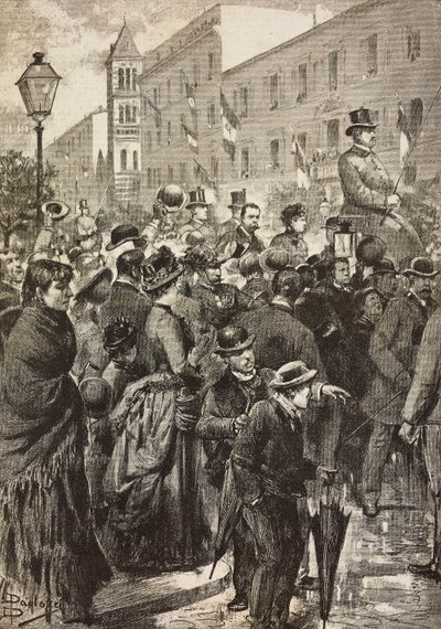 El rey Umberto I y la reina Margarita regresan de su visita a Nápoles, afectada por el cólera, Roma, Italia, grabado a partir de un dibujo de Dante Paolocci, de L