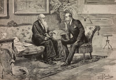 El rey Umberto I de Saboya (1844-1900) y el Presidente del Consejo Agostino de Pretis (1813-1887), grabado a partir de un dibujo de Dante Paolocci, de L