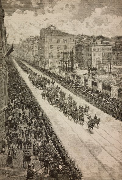 El Rey regresa al Quirinal tras la inauguración del monumento a Dogali, Roma, Italia, grabado a partir de un dibujo de Dante Paolocci, de L