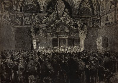 León XIII recibiendo a peregrinos franceses en la Sala Ducal, Jubileo Papal, Vaticano, grabado a partir de un dibujo de Dante Paolocci, de L
