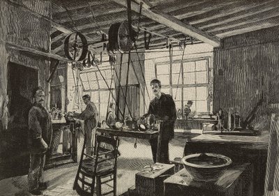 Taller mecánico en la ceca de Roma, Italia, grabado según dibujo de Dante Paolocci, de L