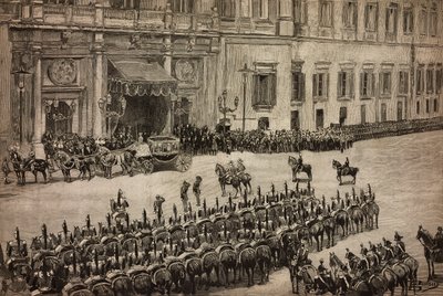 Apertura del Parlamento, llegada del rey Umberto I a Montecitorio, Roma, Italia, grabado a partir de un dibujo de Dante Paolocci, L