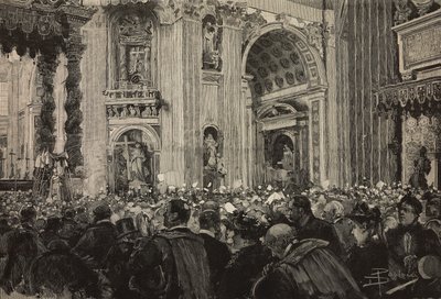 Bendición papal con ocasión del jubileo episcopal de León XIII, Basílica de San Pedro, Vaticano, grabado según dibujo de Dante Paolocci, de L