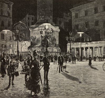 Plaza Colonna iluminada con luz eléctrica, Roma, Italia, dibujo de Dante Paolocci, grabado de L