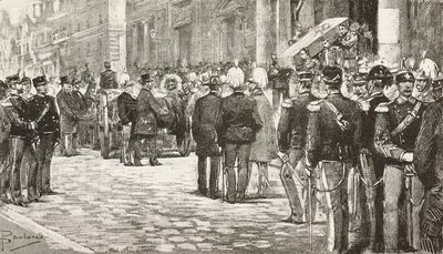 Políticos y oficiales asisten al cortejo fúnebre de Luigi Mezzacapo (1814-1885), político y oficial italiano, Roma, Italia, grabado a partir de un dibujo de Dante Paolocci, de L