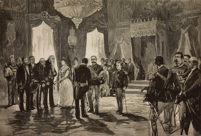 Príncipe de Nápoles, Alfonso Maria Giuseppe Alberto de Borbón-Dos Sicilias en uniforme de subteniente, en la recepción de Año Nuevo en Quirinal, Italia, grabado a partir de un dibujo de Dante Paolocci, de L