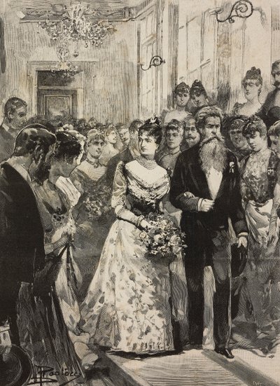 La reina Margarita de Saboya en la fiesta del Club Artístico (Circolo Artistico) de Roma, acompañada por el escultor Giulio Monteverde, Italia, grabado según dibujo de Dante Paolocci, de L