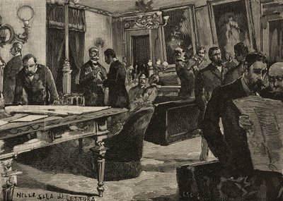Sala de lectura del Palacio Montecitorio, Roma, Italia, grabado según dibujo de Dante Paolocci, de L