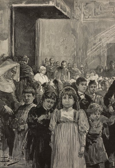 Recepción de niños en las celebraciones jubilares del Papa León XIII, Vaticano, grabado según dibujo de Dante Paolocci, de L