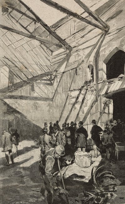Restos del Teatro Israelita tras el incendio de 1893, Roma, Italia, grabado según dibujo de Dante Paolocci, de L