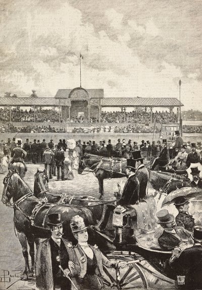 La tribuna, carreras de caballos en Turín, Italia, grabado a partir de un dibujo de Dante Paolocci, de L
