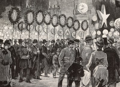 Antorchas en honor del rey Umberto I la noche del 1 de diciembre, Roma, Italia, grabado a partir de un dibujo de Dante Paolocci, de L