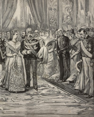 Umberto I y Margarita de Saboya en el concierto con motivo de sus bodas de plata, Palacio del Quirinal, Roma, Italia, grabado según dibujo de Dante Paolocci, de L