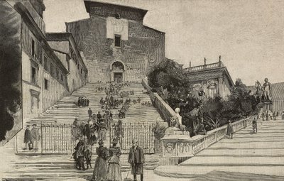 Vista de la Basílica de Santa María in Aracoeli, Roma, Italia, grabado según dibujo de Dante Paolocci, de L