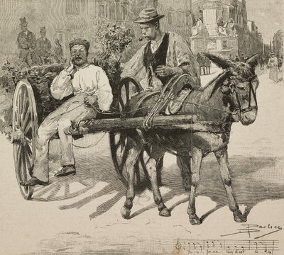 Vendedor de agua (acquarolo), vendiendo agua de la fuente Acetosa en las calles de Roma, Italia, grabado según dibujo de Dante Paolocci, de L