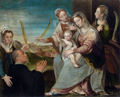 La Virgen con el Niño con Santa Catalina, Santa Lucía, Santa Justina de Padua y un monje benedictino - Pintura de Darío Varotari, el viejo (1539-1596), óleo sobre lienzo de Dario the Elder Varotari