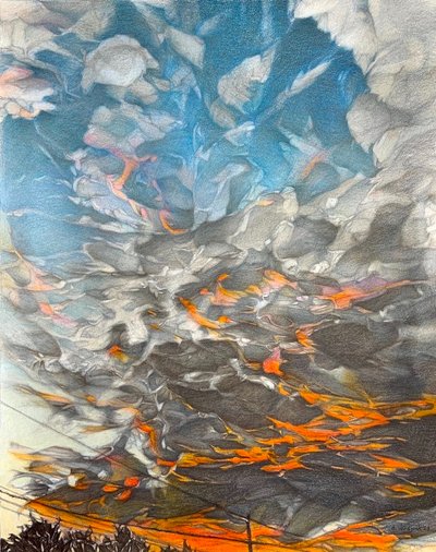 Fuego en el cielo, 2023 (lápiz sobre papel) de Darrell Windjack
