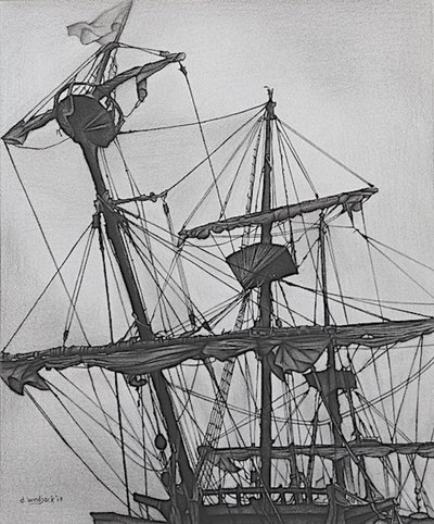 Galeón fantasmal, 2017 (lápiz, tinta sobre papel) de Darrell Windjack
