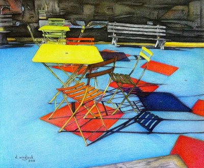 Sillas de patio, 2018 (lápiz, tinta sobre papel) de Darrell Windjack