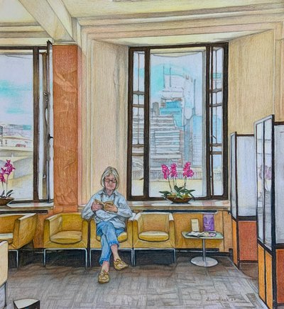 La sala de espera, 2024 (lápiz sobre papel) de Darrell Windjack