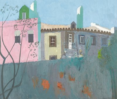 Conversación en un pueblo portugués, c.1961-67 (óleo sobre tabla) de David Alan Redpath Michie