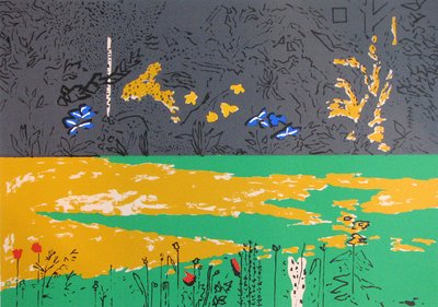 Jardín, borde oscuro con lirios azules (serigrafía) de David Alan Redpath Michie