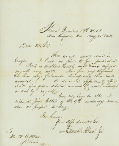 Carta firmada por David Allan, Jr., Cuartel General 29th M.V.I., cerca de Kingston, Ga., a su madre Sra. M.A. Allan, St. Louis, Mo., 20 de mayo de 1864 de David Allan