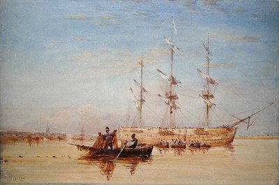 Un barco de guerra anclado en el Támesis de David Cox