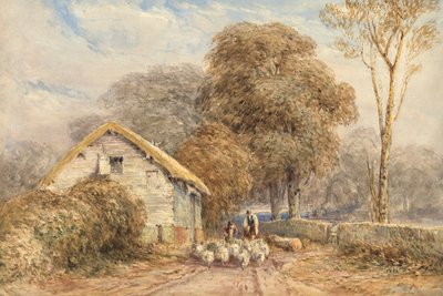 Un viajero a caballo, con un pastor y sus ovejas, junto a un establo, en un camino rural. de David Cox