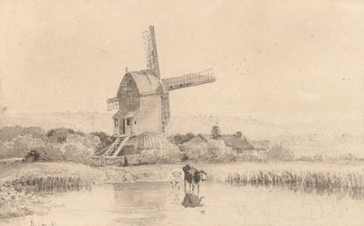 Ganado bebiendo agua junto a un molino de viento en Dulwich Common, 1811 de David Cox