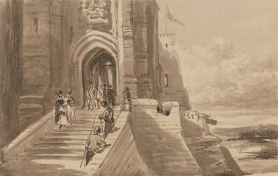 Figuras en la escalera exterior de un castillo de David Cox