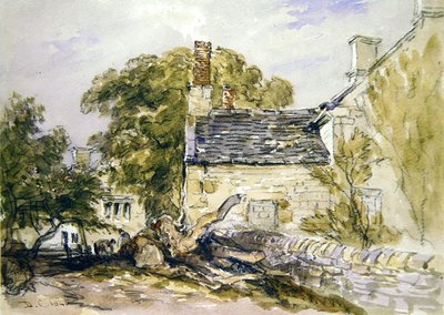 Figuras fuera de una vieja cabaña de piedra de David Cox