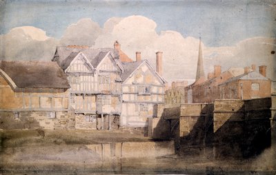 Casas antiguas y puente Wye, Hereford, 1820 de David Cox