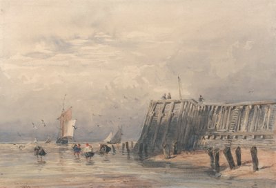 Barcazas de vela y camaroneros en un muelle de David Cox