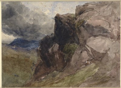 Paisaje rocoso en Gales con figura dibujando en primer plano a la derecha de David Cox d.Æ.