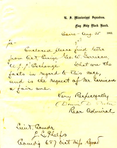 Carta de David D. Porter, USS Black Hawk, Cairo, Illinois, a Seth Ledyard Phelps, 25 de agosto de 1863 de David D. Porter
