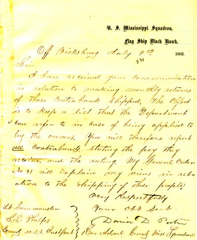 Carta de David D. Porter, U. S. S. Black Hawk, frente a Vicksburg, a Seth Ledyard Phelps, comandante del U. S. S. Eastport, 9 de julio de 1863 de David D. Porter