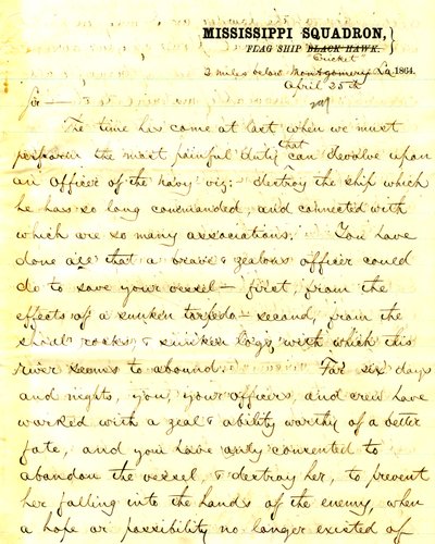 Carta de David D. Porter, USS Cricket, 2 millas debajo de Montgomery, Louisiana, a [Seth Ledyard] Phelps, comandante del USS Eastport, 2 millas debajo de Montgomery, Louisiana, 25 de abril de 1864 de David D. Porter