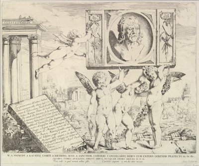 Página de título: Homenaje a Mantegna, de La Historia de los Santos Santiago y Cristóbal en el Ere..., 1776 de David Giovanni