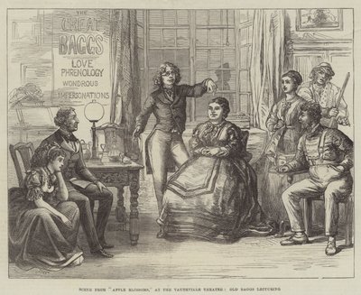 Escena de Apple Blossoms, en el Teatro Vaudeville, Old Baggs dando una conferencia de David Henry Friston