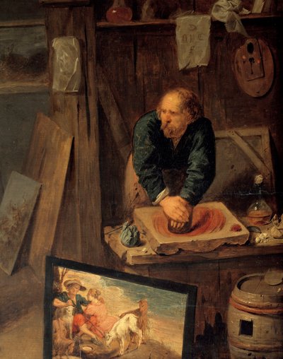 Taller de pintor con modelo posando y molinillo de colores (detalle). Pintura de David III Ryckaert (1612-1661) de David III Ryckaert