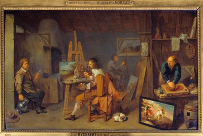 Taller del pintor con modelo posando y molinillo de colores de David III Ryckaert