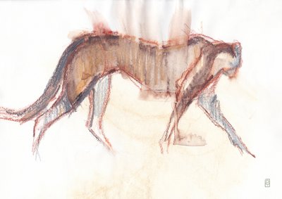 Caza de guepardos, 2019 (crayón/acuarela sobre papel) de David Mayer