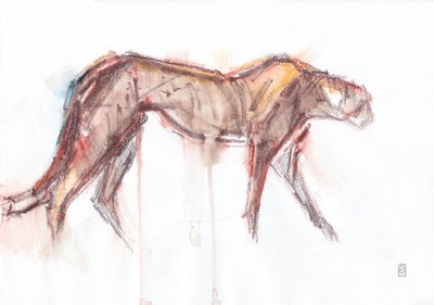Caza de guepardos, 2019 (crayón/acuarela sobre papel) de David Mayer