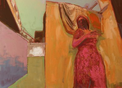 Mujer con vestido rosa de David McConochie